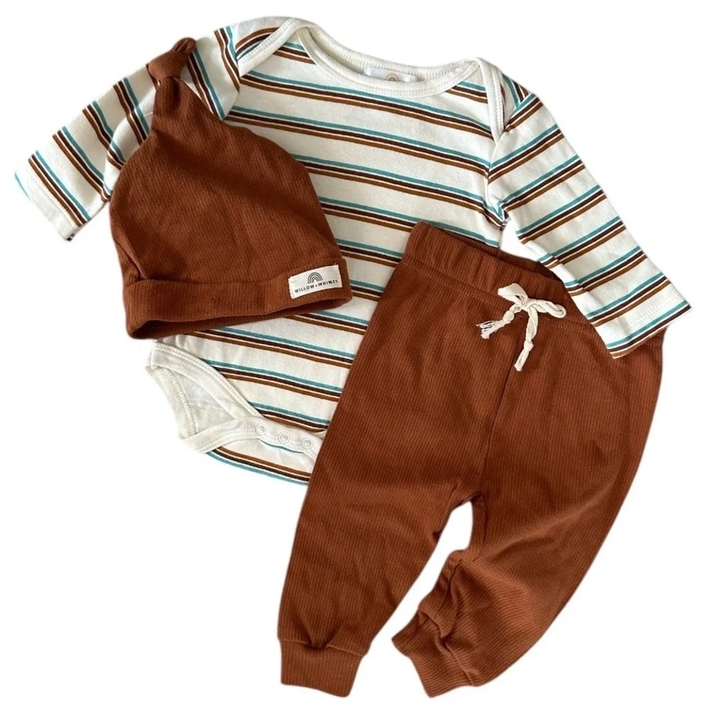 New Willow + Whimsy Baby Boy Organic 3-Piece Set Hat, Joggers Striped shirt 3-6m